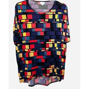 LULAROE SHORT SLV HI-LOW PULL-OVER RND NECK BLOUSE, WOMENS, M-YELL BLUE ORG PURP